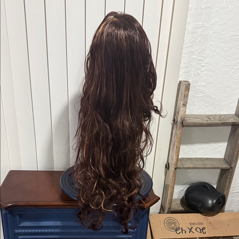 #111 Long Wavy Women’s Hair Wig in Dark Brown with Subtle Highlights
